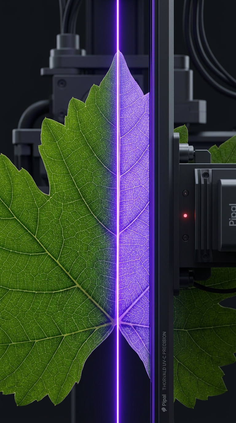 Leaf under the UV-C emitter beam