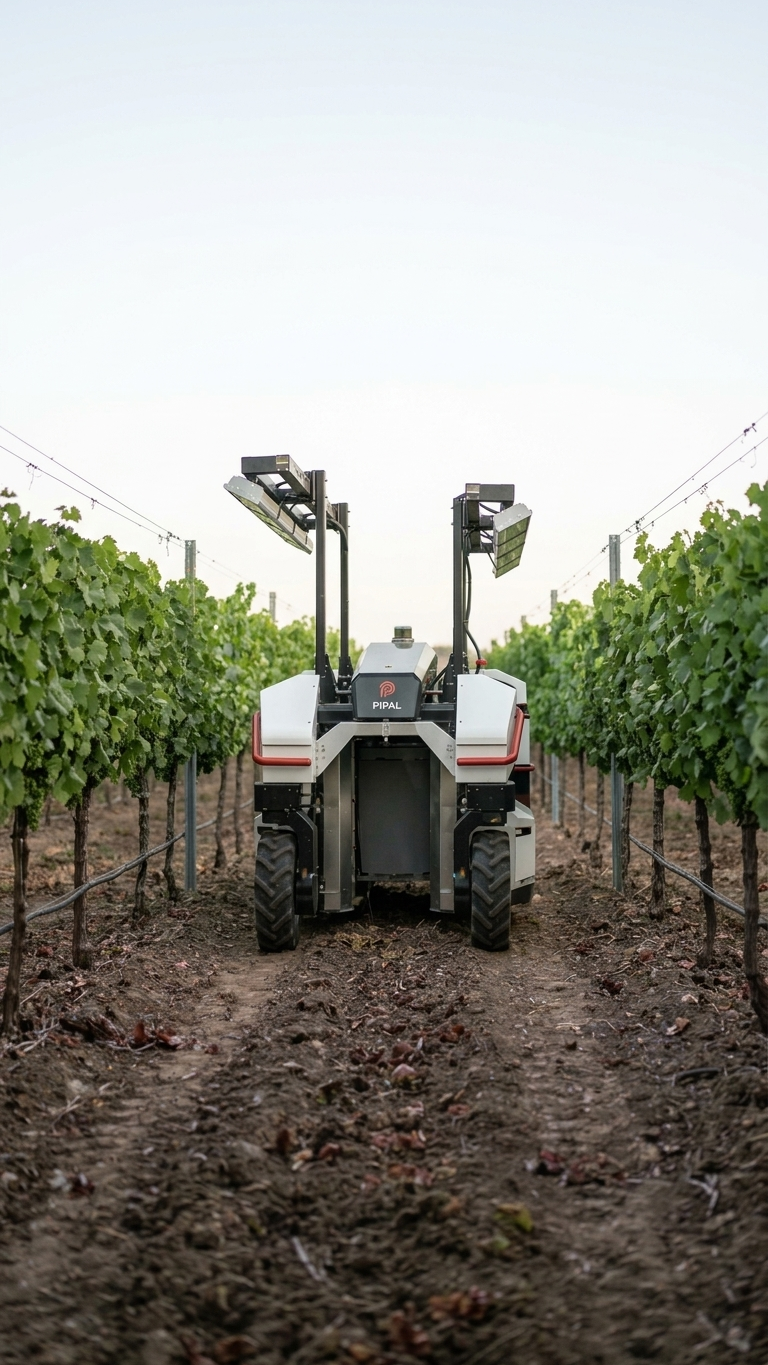 Pipal robot in a trellised vineyard row in daylight
