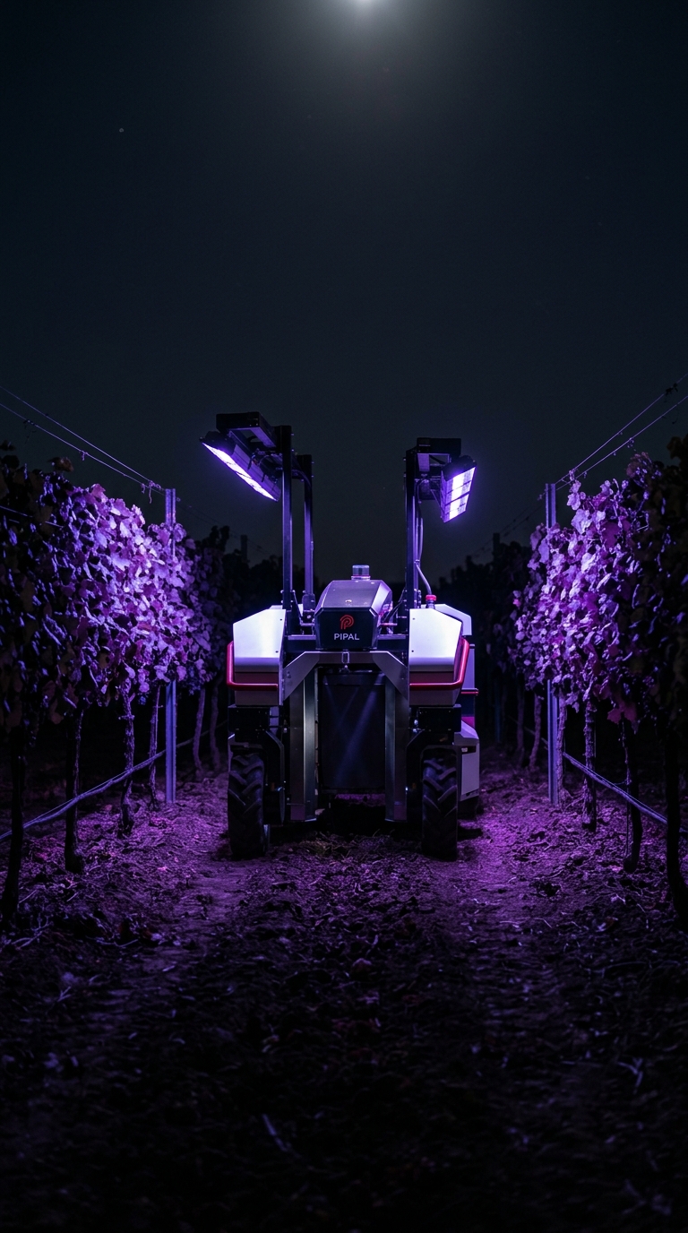 Pipal robot treating a vineyard row with UV-C at dusk