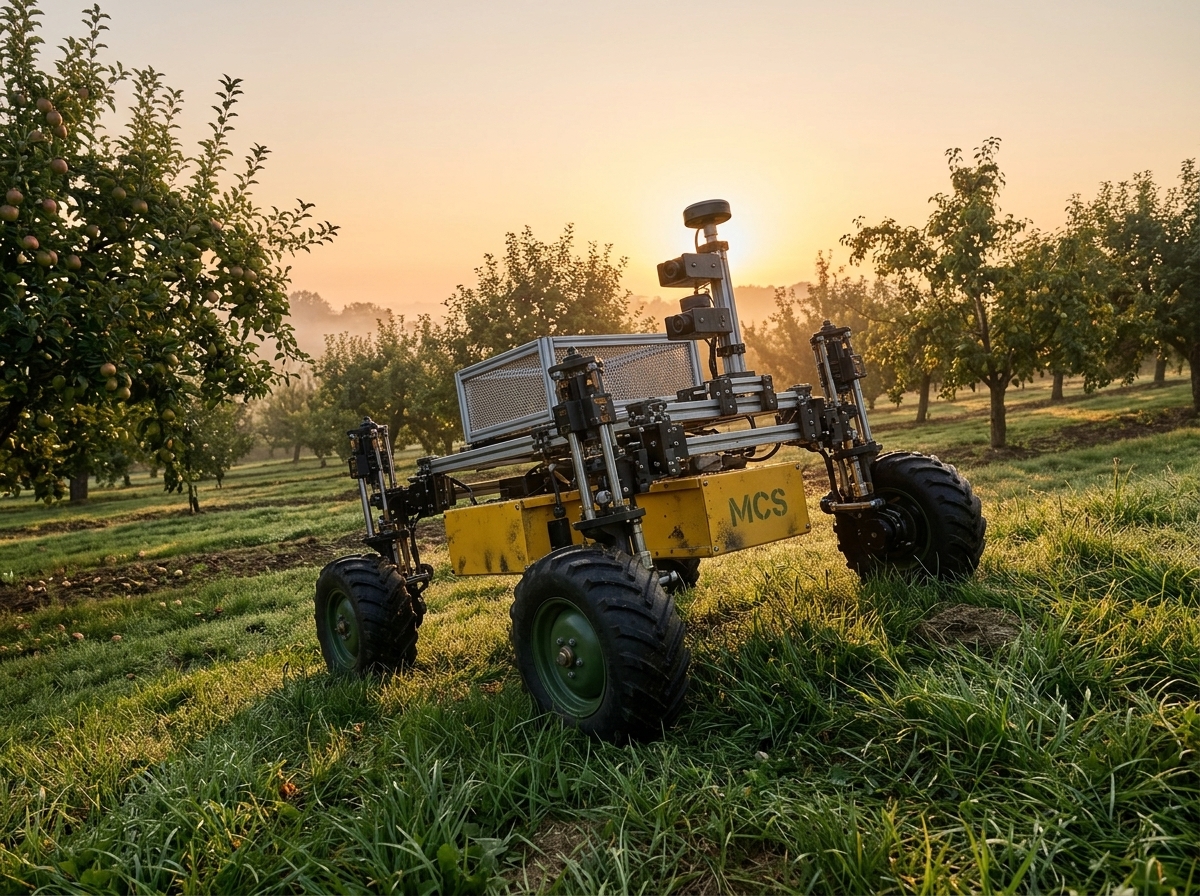 Pipal chassis on a grass alley in an apple orchard